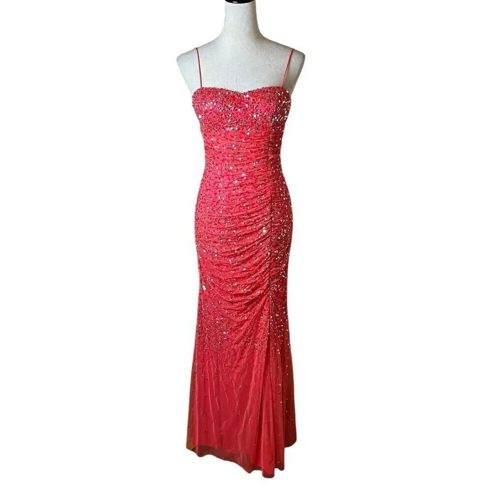 cache pink sequin dress 2026 Evening Dress Sheath V-neck Sleeveless Long Fuchsia